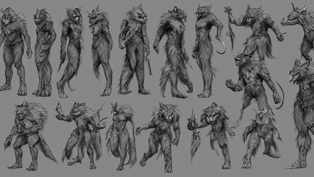 Image similar to a fantasy werewolf berserker character design sheet, trending on artstation