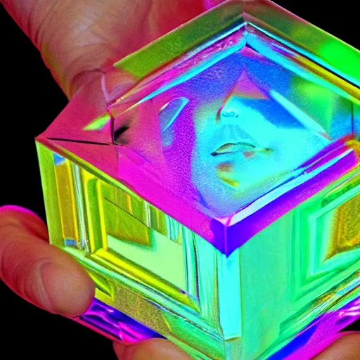 Image similar to a person holding a colorful object in their hand, a hologram!! ( ( ( by jeka kemp ) ) ), polycount, crystal cubism!!!, made of crystals!!!, irridescent, holographic