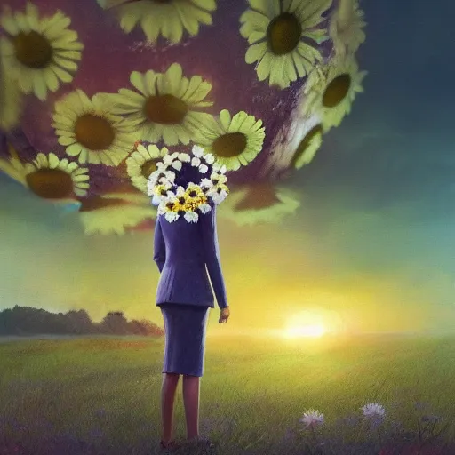 Prompt: large daisy flower head, frontal, a girl in a suit, surreal photography, sunrise, dramatic light, impressionist painting, digital painting, artstation, simon stalenhag