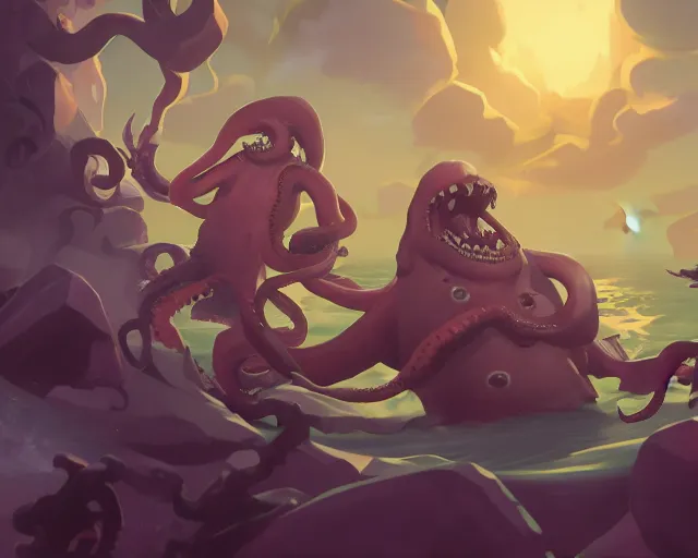 Prompt: sea of thieves concept art for a new large unreleased enemy type kraken anthropomorphic squid men humans, cgsociety, trending on artstation, rare ltd,