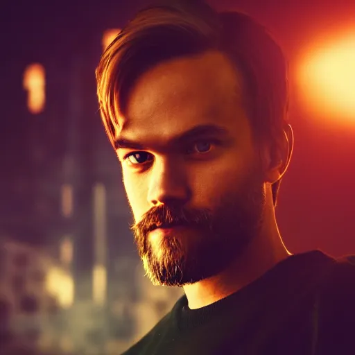 Image similar to Portrait of PewDiePie, splash art, movie still, cinematic lighting, dramatic, octane render, long lens, shallow depth of field, bokeh, anamorphic lens flare, 8k, hyper detailed, 35mm film grain