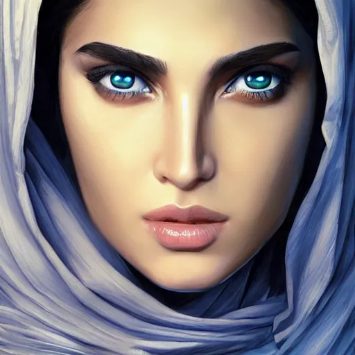 Prompt: greek arab, ameera al taweel , blue eyes, sharp focus, beautiful face, Hyper-realistic, Highly Detailed, HD, by Brom, by beeple, studio ghibli, wallpaper, highly detailed, trending on artstation