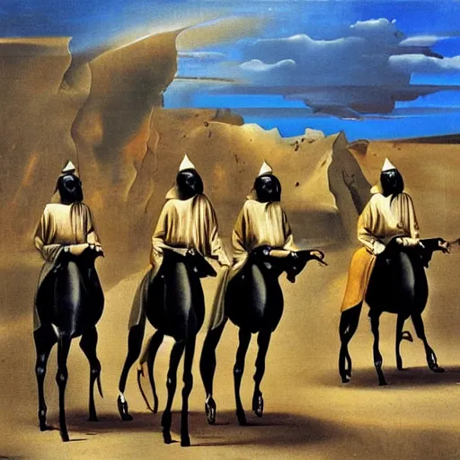 Prompt: a dali painting of a group of nuns on horses