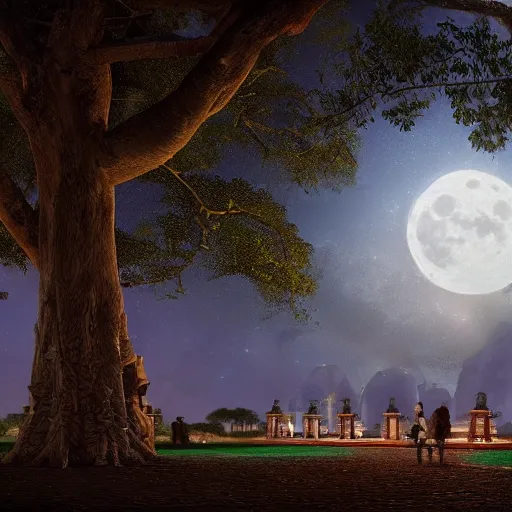 Image similar to matte painting of a park in yucatan mexico at night with a full moon, large ceiba trees, by asher brown durand and greg rutkowski, featured on artstation, blue and orange color scheme