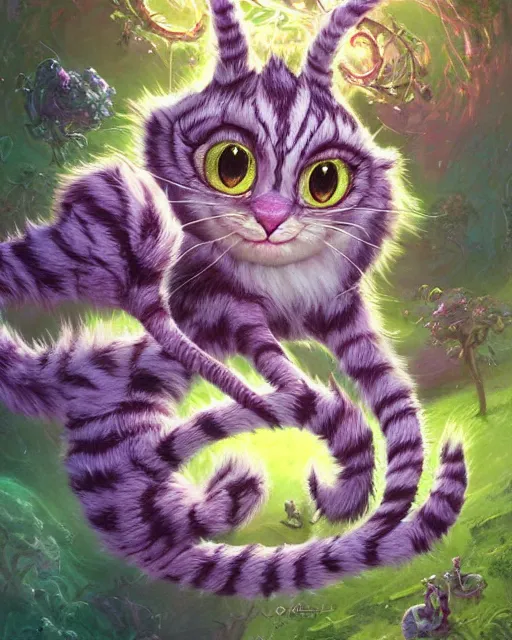 Image similar to an adorable cheshire cat in wonderland | highly detailed | very intricate | symmetrical | fantasy and whimsical and magical | soft cinematic lighting | disney pixar | award - winning | painted by donato giancola and paul lehr and ross tran | pastel color palette | featured on artstation