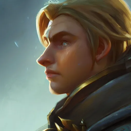 Image similar to young anduin wrynn by mandy jurgens, world of warcraft, cinematic shot, brush hard, artstation, cgsociety, high quality, brush stroke