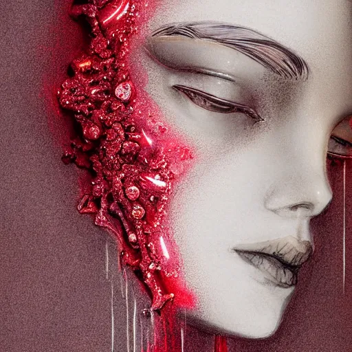 Prompt: abstract highly detailed female sculpture drawing made of white marble and red crystals quartz and minerals, ethereal lights, fine details, artstation, digital paint, fantasy, cinematic photoshooting, illustration, 8 k, intricate golden filigree, octane render, hypperrealistic painting, abstract liquid acrylic art, painting by james gilleard and minna sundberg