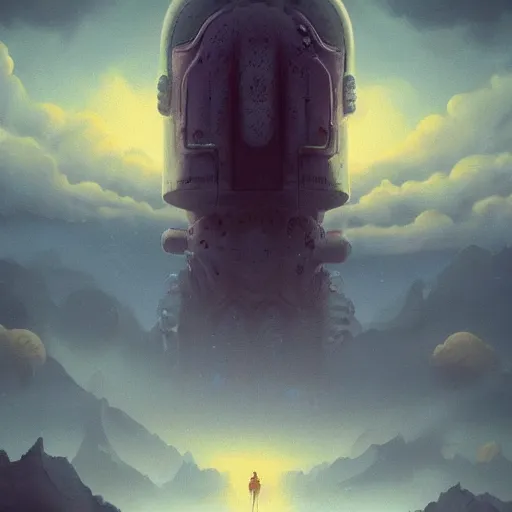 Image similar to a digital painting of a gigantic big enormous humanoid monster standing in the sky, concept art by simon stalenhag and peter mohrbacher cgsociety, vanitas, ominous, lovecraftian, speedpainting, apocalypse art. mist. unreal engine. hyper - realistic. photo realistic. octane render. detailed masterpiece. extreme wide shot.