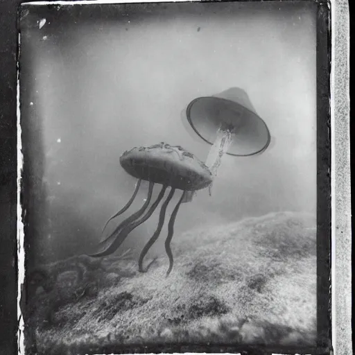 Prompt: tintype photo, lochness monster, underwater, jellyfish