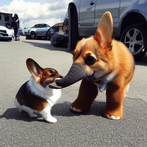 Image similar to A corgi fighting crime with an elephant sidekick