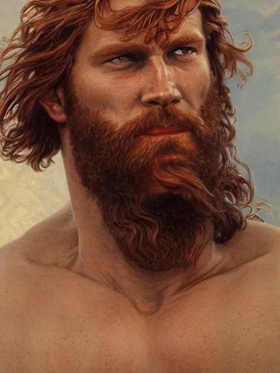 Image similar to painted portrait of rugged thor, god of thunder, norse god, red hair, masculine, mature, handsome, upper body, red and gold, muscular, hairy torso, fantasy, intricate, muscular, elegant, highly detailed, digital painting, artstation, concept art, smooth, sharp focus, illustration, art by gaston bussiere and alphonse mucha