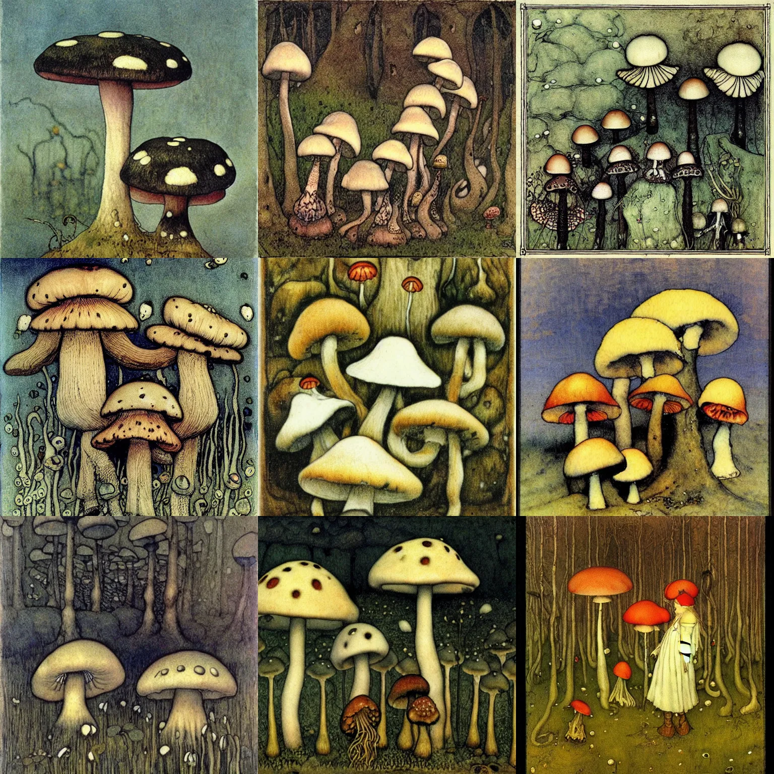 Prompt: poisonous mushrooms by John Bauer