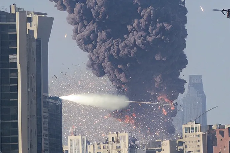 Image similar to militarily helicopter firing missiles smashes through high rise window, explosions, by Michael Bay