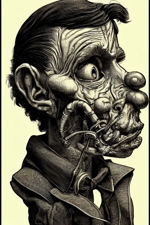 Image similar to colorful!!! pinocchio portrait by laurie greasley and hans bellmer, ( ( etching by gustave dore ) ), ultraclear intricate, sharp focus, highly detailed digital painting illustration, concept art, masterpiece