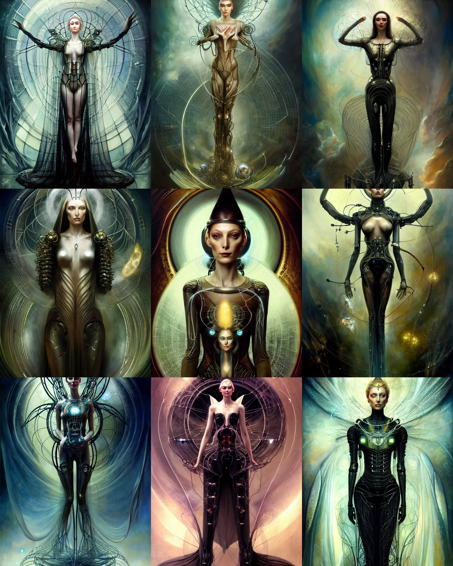 Prompt: karol bak and tom bagshaw and bastien lecouffe - deharme full body character portrait of galadriel as the borg queen, floating in a powerful zen state, supermodel, beautiful and ominous, wearing combination of mecha and bodysuit made of wires and silk, machinery enveloping nature in the background, scifi character render