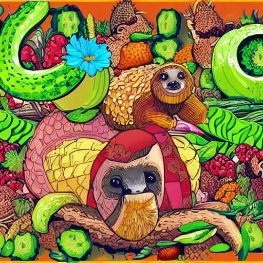 Prompt: an HD colorful 90s illustration of a sloth and a pangolin riding a motorcycle, surrounded by exploding cucumbers, fire, ornate flowers, cloudberries, lúcumas, avocados, epic, love