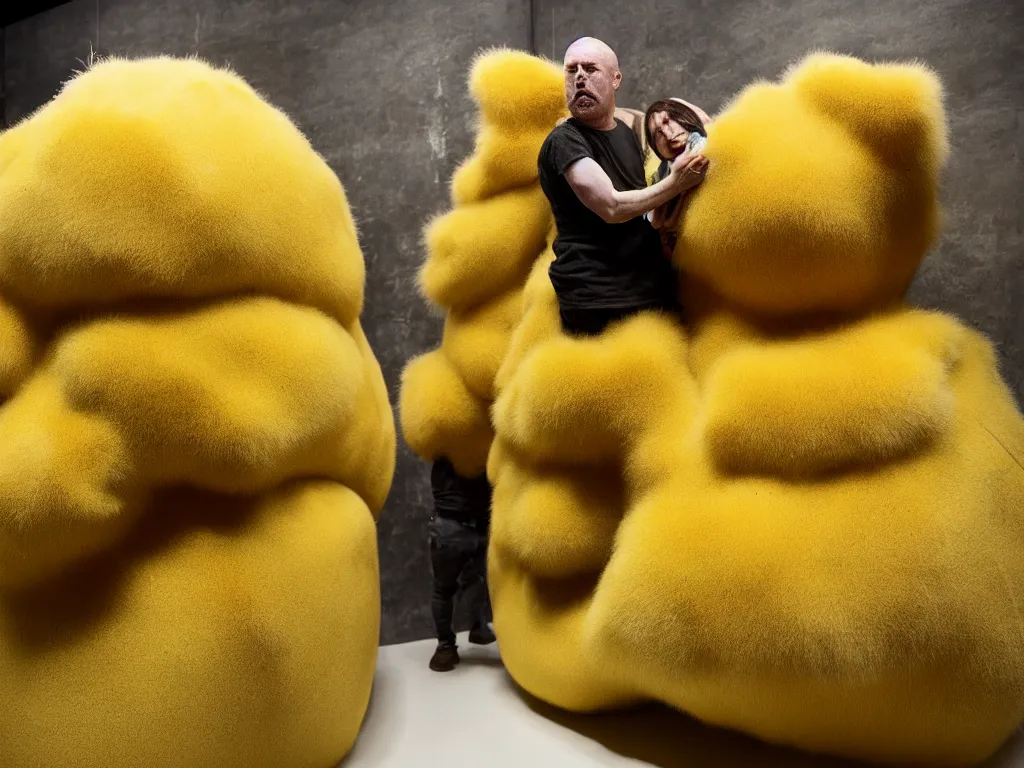 Image similar to a fur covered jelly bean shape, dirty grungy stuffed animal, style of paul mccarthy and mike kelley, yellow - tan color