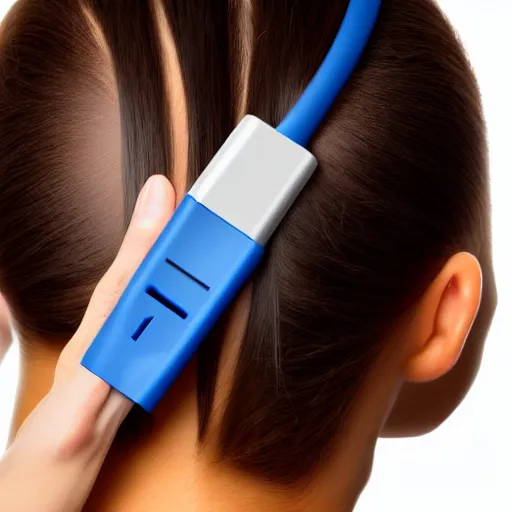 Prompt: usb cable plugged in, back of head, woman, computer, hair clip