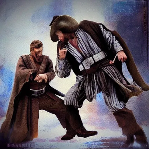 Prompt: “ obi wan kenobi in a fight with a cowboy, wild west, western, highly detailed ”