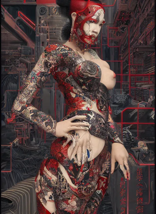 Image similar to portrait of a seductive cyberpunk geisha yakuza, imari, modern fine art, fractal, in the style of ex - machina, intricate ornaments, elegant, highly detailed, digital photography, subsurface scattering, by mc escher and greg rutkowski,