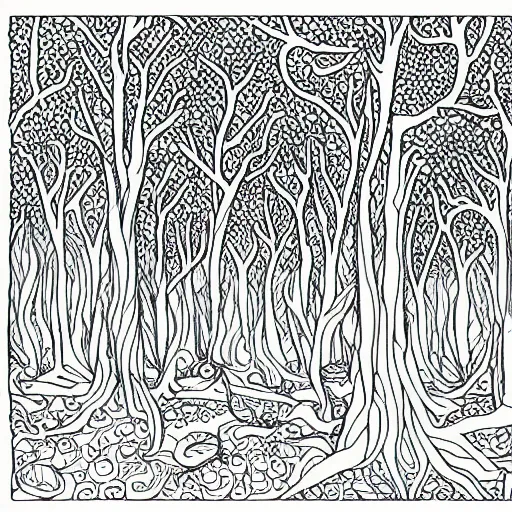 Prompt: intricate line drawing of a forest with lots of animals. Colouring book picture