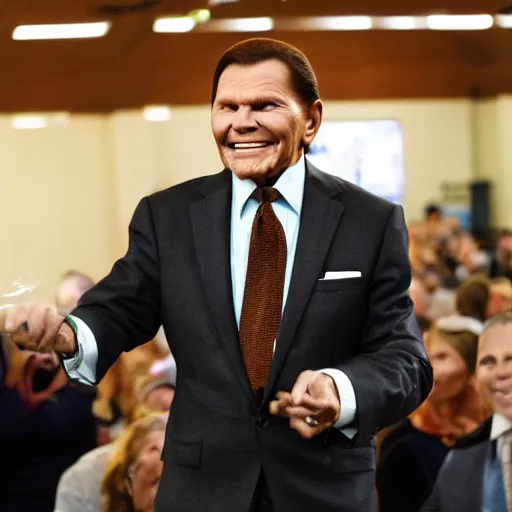 Prompt: kenneth copeland holding an axe chasing crowd in church