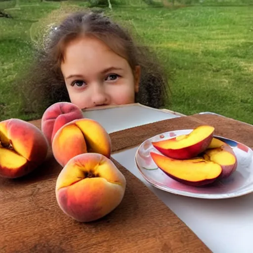 Prompt: girl in the background, table and plate of peaches in the foreground,