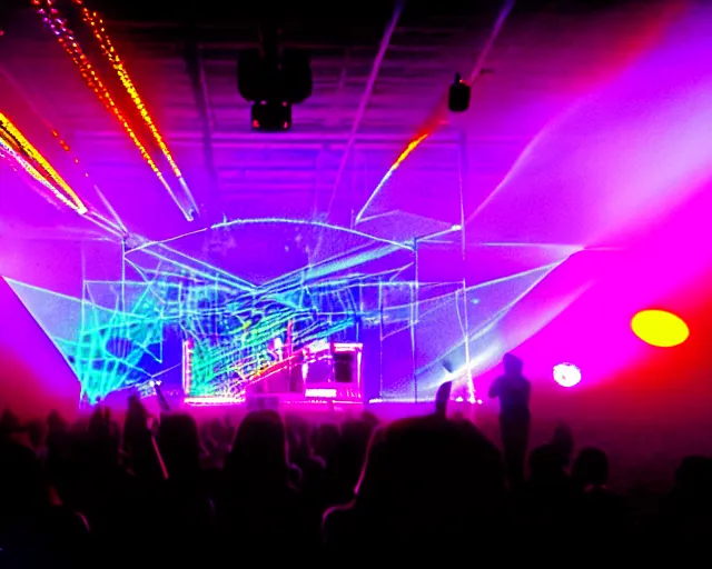 Prompt: singer songwriter on cyber - stage, band playing, giant led screens, intricate colors, glowing - thin - wires, glowing - instruments, smoke, dust, ultrafine detail, ornate, associated press photo, band playing instruments, smoke, colorful detailed projections, light show, volumetric