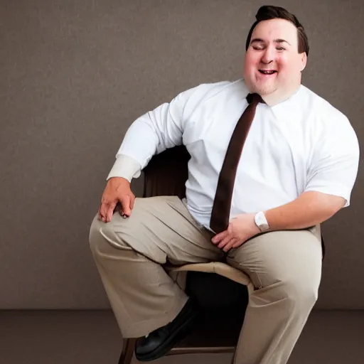 Image similar to A smiling chubby white clean-shaven man dressed in a chocolate brown suit and necktie is sitting on a stool. Realistic