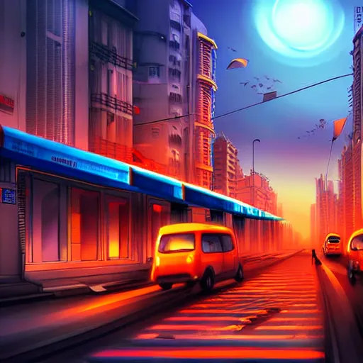 Prompt: mumbai in the future, city streets, golden hour, distopian fantasy, photorealistic artwork trending on pixiv