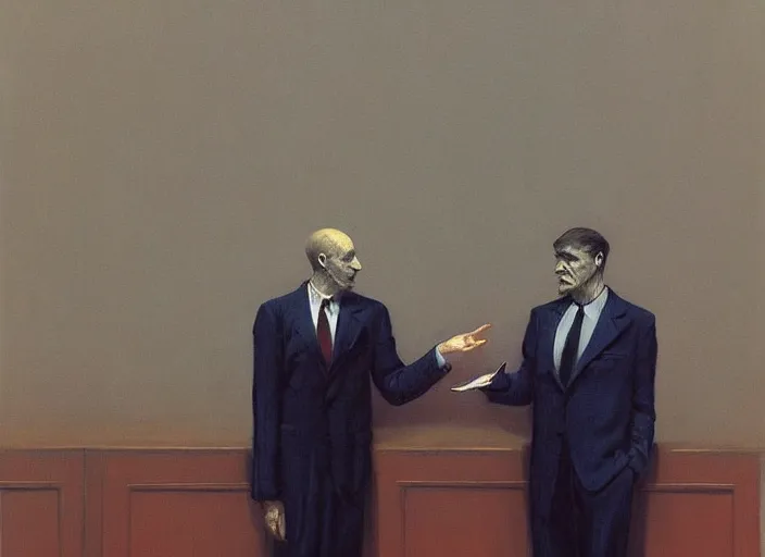 Prompt: portrait painting of two business men making a deal, science fiction, Edward Hopper and James Gilleard, Zdzislaw Beksinski, highly detailed