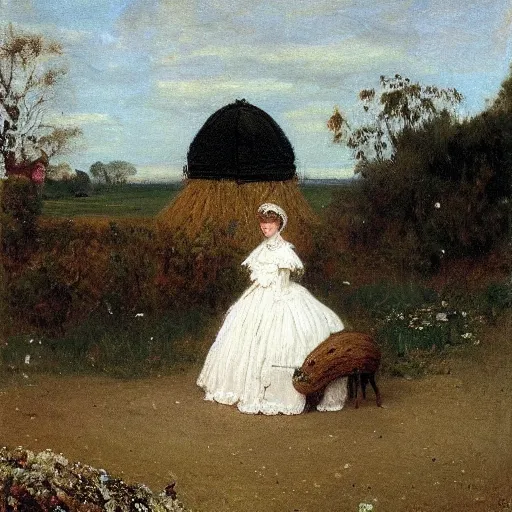 Image similar to young victorian lady in ball gown observing an anthill, painted by alfred stevens