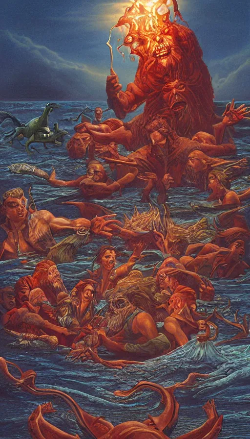 Prompt: man on boat crossing a body of water in hell with creatures in the water, sea of souls, by greg hildebrandt