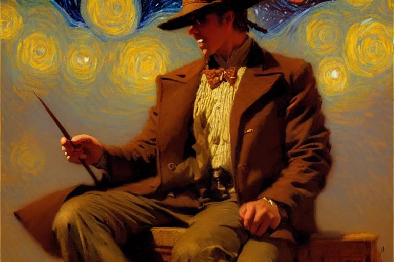 Image similar to attractive male playing pinao, starry night, painting by gaston bussiere, craig mullins, j. c. leyendecker