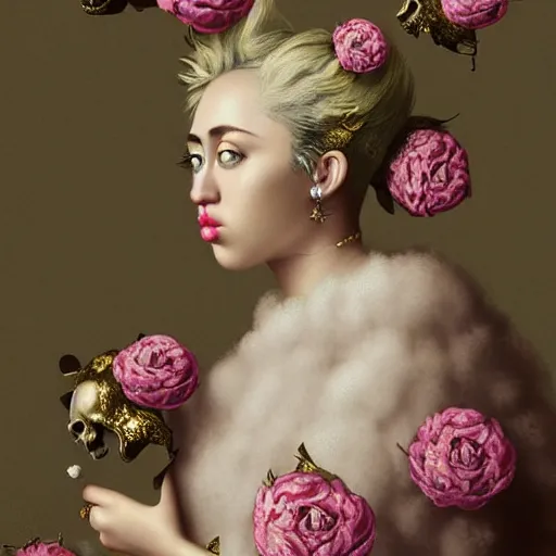 Image similar to “ 8 k, octane render, realism, tonalism, renaissance, rococo, baroque, portrait of miley cyrus wearing long - harajuku manga - dress with flowers and skulls, cotton candy!! ( background chaotic gold leaf flowers ) ”