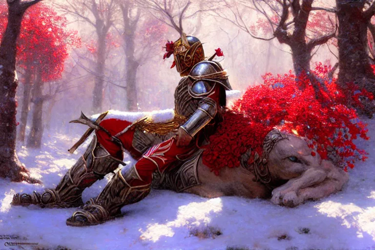 Prompt: winter, a male warrior wearing armor relaxing under a world tree with red flowers, ground covered with snow, extreme long shot, fantasy, painting by gaston bussiere, craig mullins, j. c. leyendecker, trending on artstation