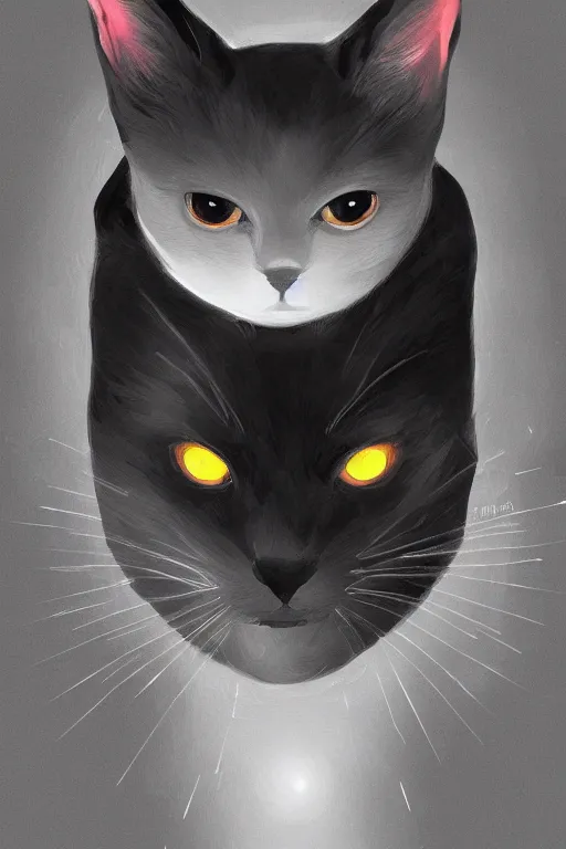 Prompt: black cat with glowing eyes sitting at the bottom of a flight of dimly lit stairs, viewed from above, digital illustration, artstation, artstation hq, hd