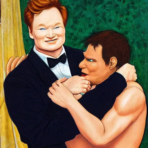 Prompt: conan o'brien and andy richter wrestling, by botticelli