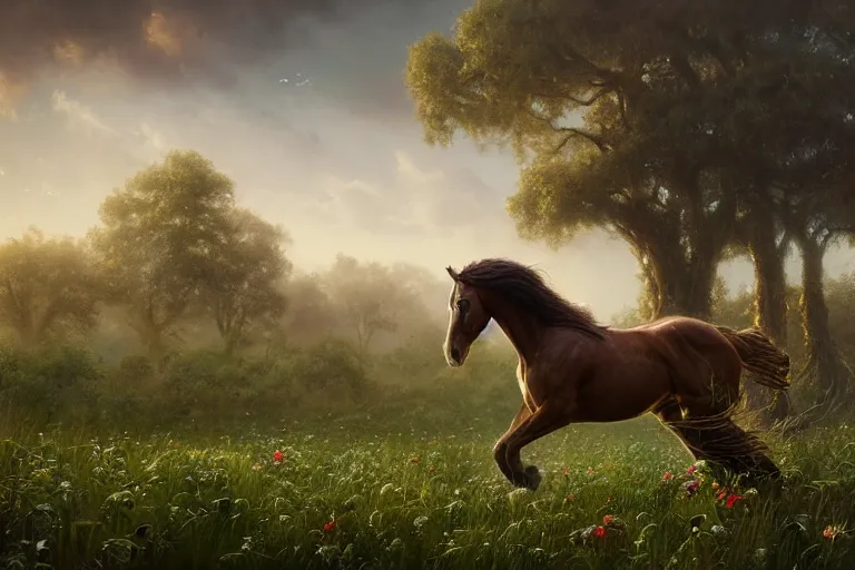 Image similar to a stunning horse with a mane of vines and flowers running through a meadow by greg rutkowski, high key lighting, volumetric light, digital art, highly detailed, fine detail, intricate, ornate, complex, octane render, unreal engine, photorealistic