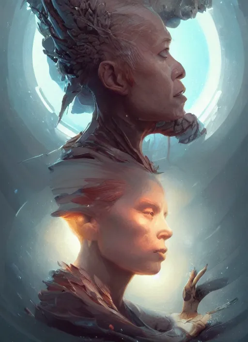 Prompt: how far will evolution go, will we transcend our imagination, photorealistic by michael komarck, greg rutkowski, victo ngai, artgerm, willem claesz heda and j. dickenson