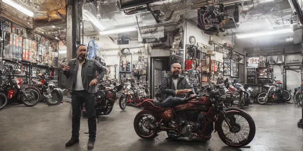 Prompt: a turkish man in a motorcycle shop in a warehouse in brooklyn new york in the style of thomas cole, cinematic lighting, raytracing, 8 k, octane render, volumetric, vivid, beautiful, hyperrealism