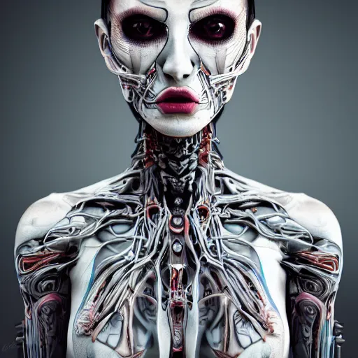 Prompt: a female model by chacarcter creator, photorealistic, biomechanical, intricate details, hyper realistic, canon r 3, photography, wide shot, photography, photorealistic, canon r 3, photography, wide shot, photography, dark beauty, symmetrical features