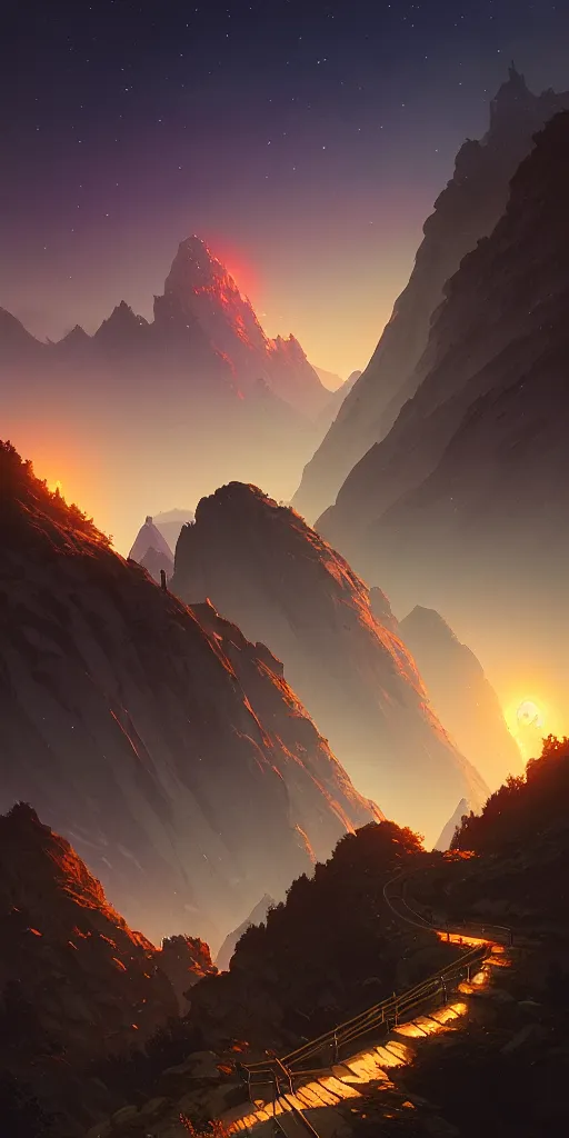 Image similar to highly detailed mountain in night, gta v, stephen bliss, unreal engine, fantasy art by greg rutkowski, loish, rhads, ferdinand knab, makoto shinkai and lois van baarle, ilya kuvshinov, rossdraws, tom bagshaw, global illumination, radiant light, detailed and intricate environment