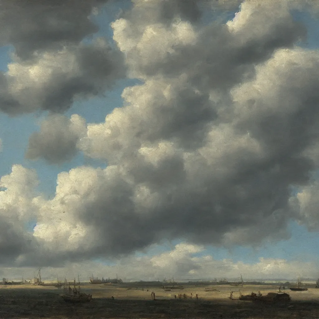 Prompt: a realistic oil painting of cloudy skies at midday, dutch masters