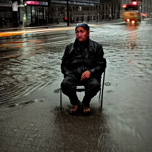 Image similar to closeup portrait of a man fishing in a rainy new york street, photography, natural light, world press photo