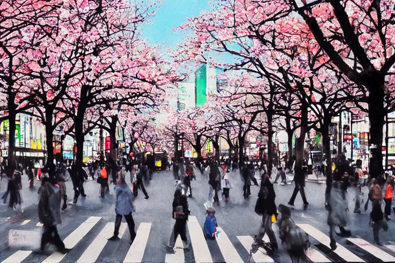 Image similar to beautiful Shibuya crosswalk by Vincent Di Fate, rule of thirds, highly detailed, sakura trees, beautiful, sharp focus