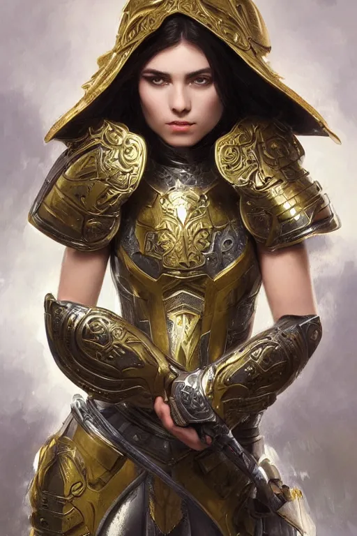 Image similar to attractive young female wearing an ornate metallic helmet, clothed in battle armor, olive skin, long dark hair, beautiful bone structure, symmetrical facial features, intricate, elegant, highly detailed, digital painting, trending on Artstation, concept art, smooth, sharp focus, illustration, art by artgerm and greg rutkowski and alphonse mucha