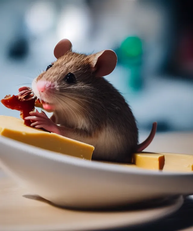 Image similar to high quality presentation photo of cute anthropomorphic mice eating cheese, photography 4k f1.8 anamorphic bokeh 4k Canon Nikon