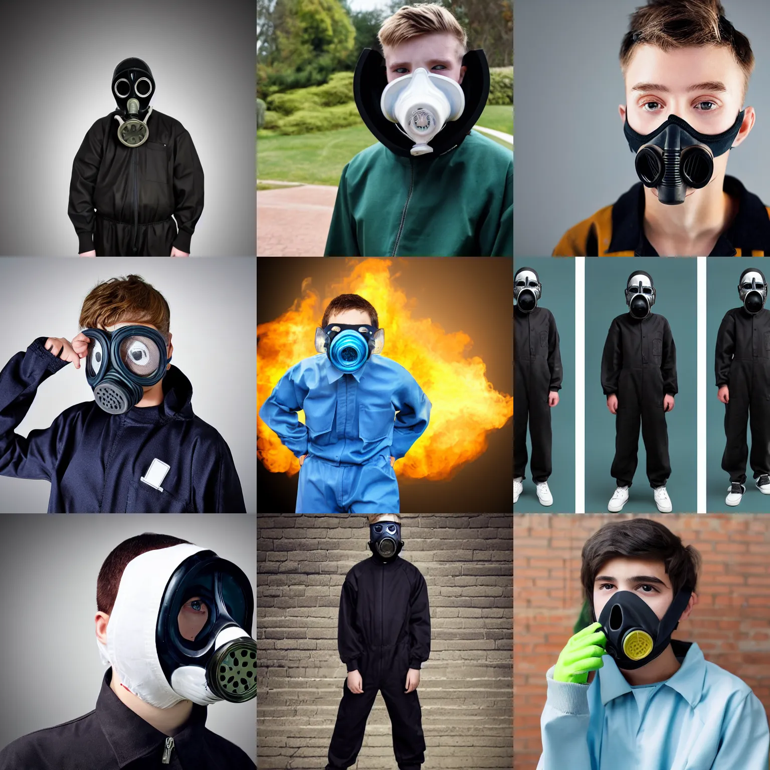 Prompt: teenager wearing a boiler suit and a futuristic full face gas mask