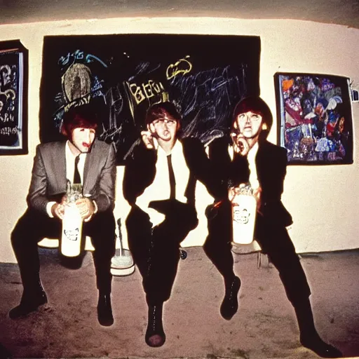 Image similar to The four Beatles drink beer in a 1980s underground club, graffiti on the walls, photo by annie leibovitz, shot on a Mamiya RZ67, 4k